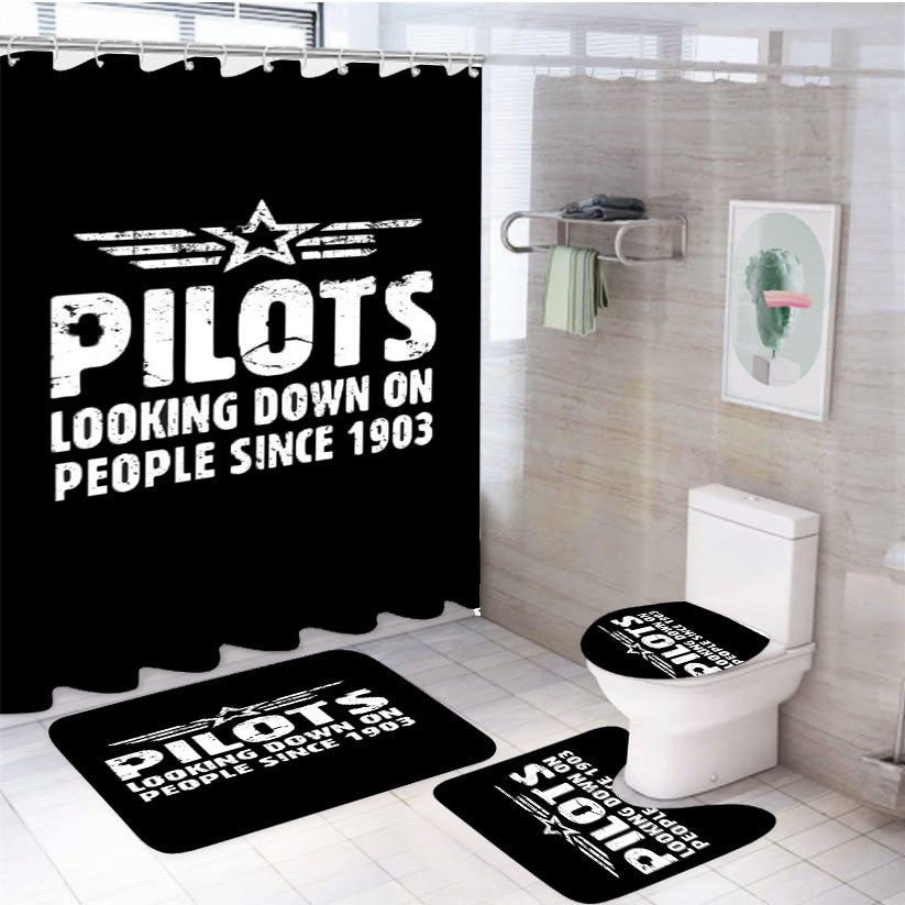 Pilot Funny Occupation 4Pcs Bathroom Non-Slip Rugs Shower Curtain Fabric Waterproof