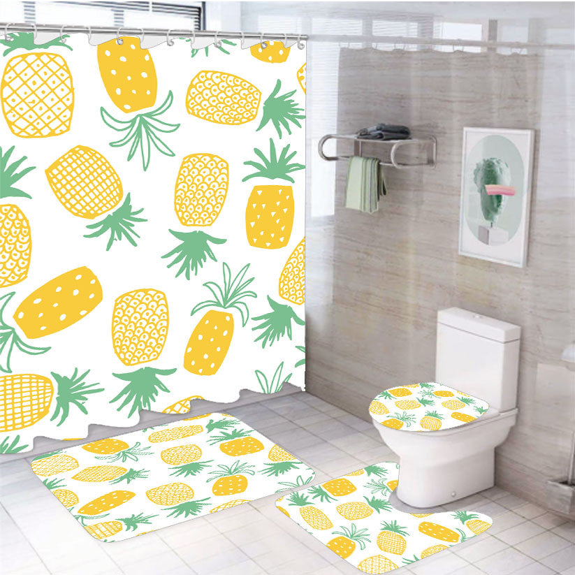Pineapple Pattern 4Pcs Bathroom Non-Slip Rugs Shower Curtain Fabric Waterproof