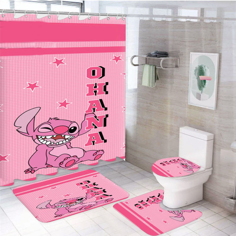 Pink Alien Ohana 4Pcs Bathroom Non-Slip Rugs Shower Curtain Fabric Waterproof