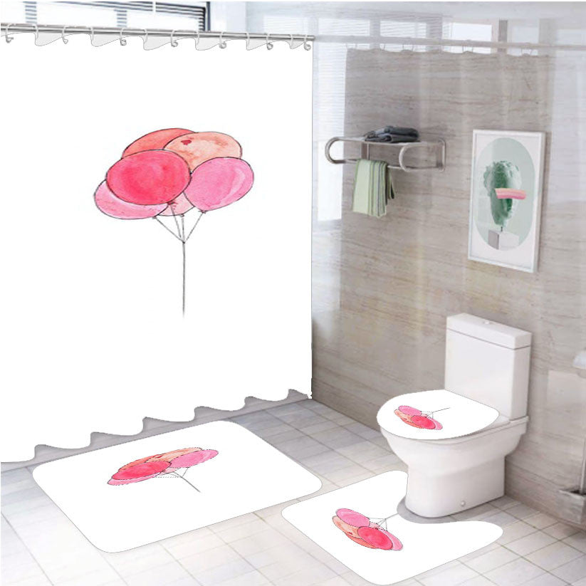 Pink Balloons 4Pcs Bathroom Non-Slip Rugs Shower Curtain Fabric Waterproof