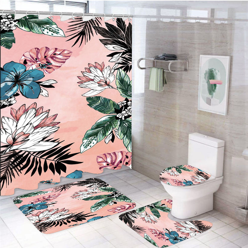 Pink Beach Flower 4Pcs Bathroom Non-Slip Rugs Shower Curtain Fabric Waterproof