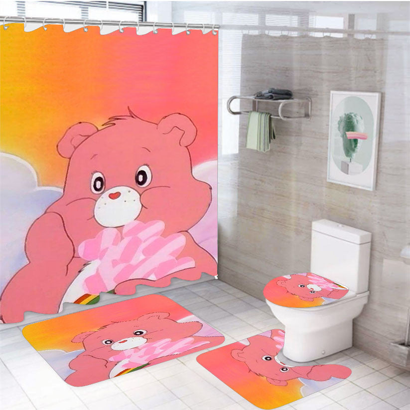 Pink Care Bear Cartoon Aesthetic 4Pcs Bathroom Non-Slip Rugs Shower Curtain Fabric Waterproof