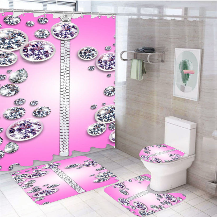 Pink Diamond Zipper Pattern 4Pcs Bathroom Non-Slip Rugs Shower Curtain Fabric Waterproof