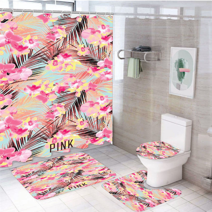 Pink Flower Wallpaper 4Pcs Bathroom Non-Slip Rugs Shower Curtain Fabric Waterproof