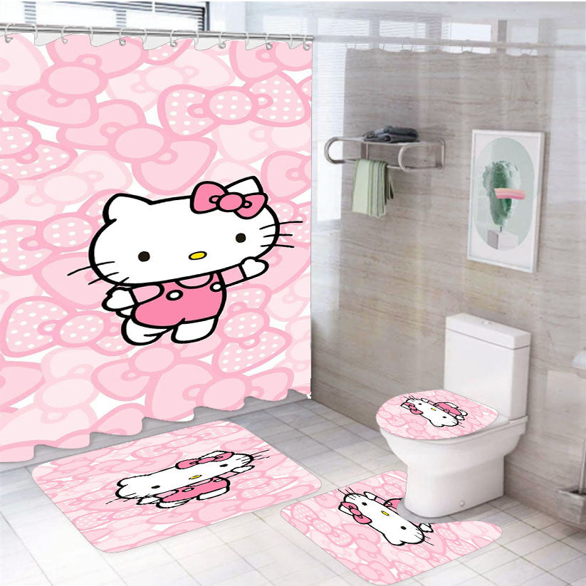 Pink Hello Kitty Love Pattern 4Pcs Bathroom Non-Slip Rugs Shower Curtain Fabric Waterproof