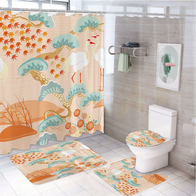 Pink Japanese Crane Art 4Pcs Bathroom Non-Slip Rugs Shower Curtain Fabric Waterproof