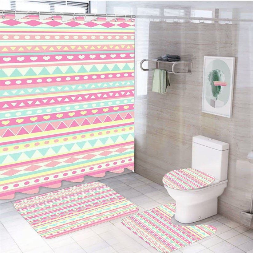 Pink Love Streach Pattern 4Pcs Bathroom Non-Slip Rugs Shower Curtain Fabric Waterproof