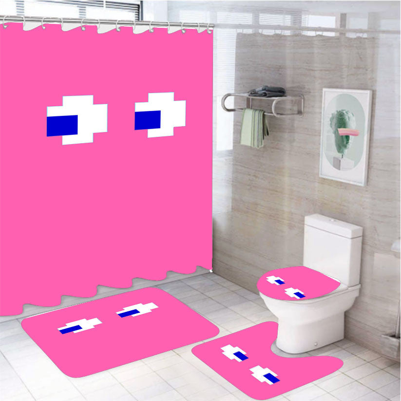 Pink Pacman Inspired 4Pcs Bathroom Non-Slip Rugs Shower Curtain Fabric Waterproof