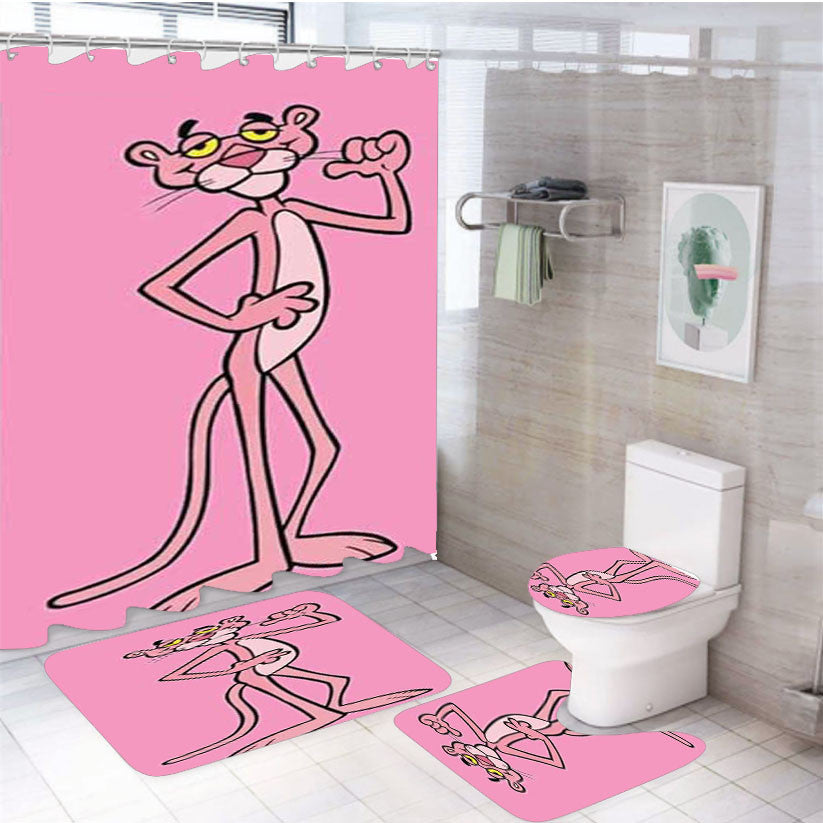 Pink Panther Taller 4Pcs Bathroom Non-Slip Rugs Shower Curtain Fabric Waterproof