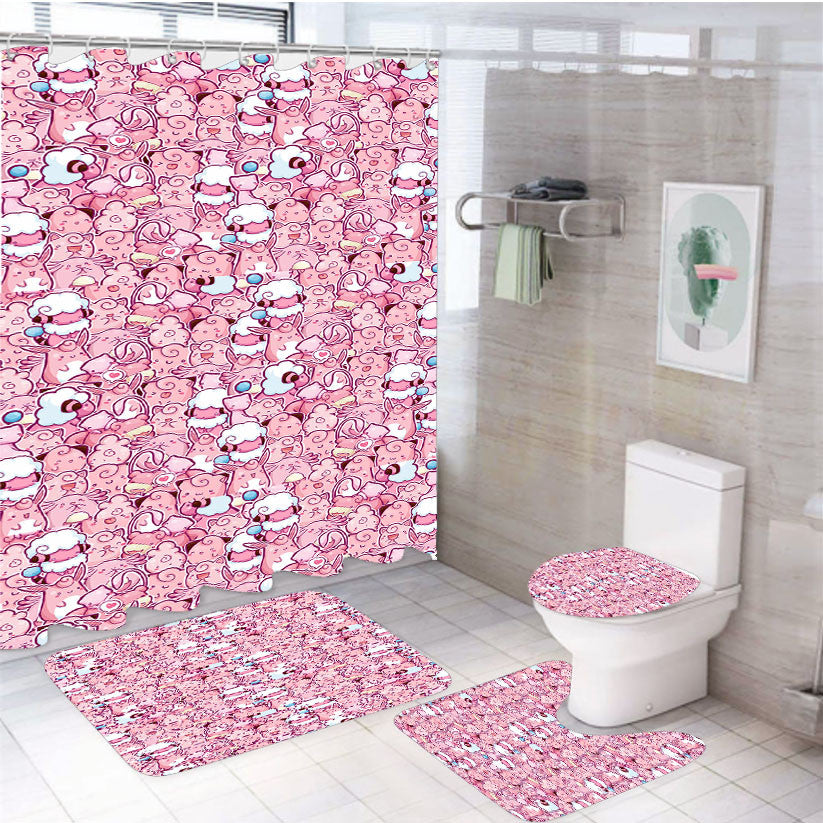 Pink Pokemon Pattern Collection 4Pcs Bathroom Non-Slip Rugs Shower Curtain Fabric Waterproof
