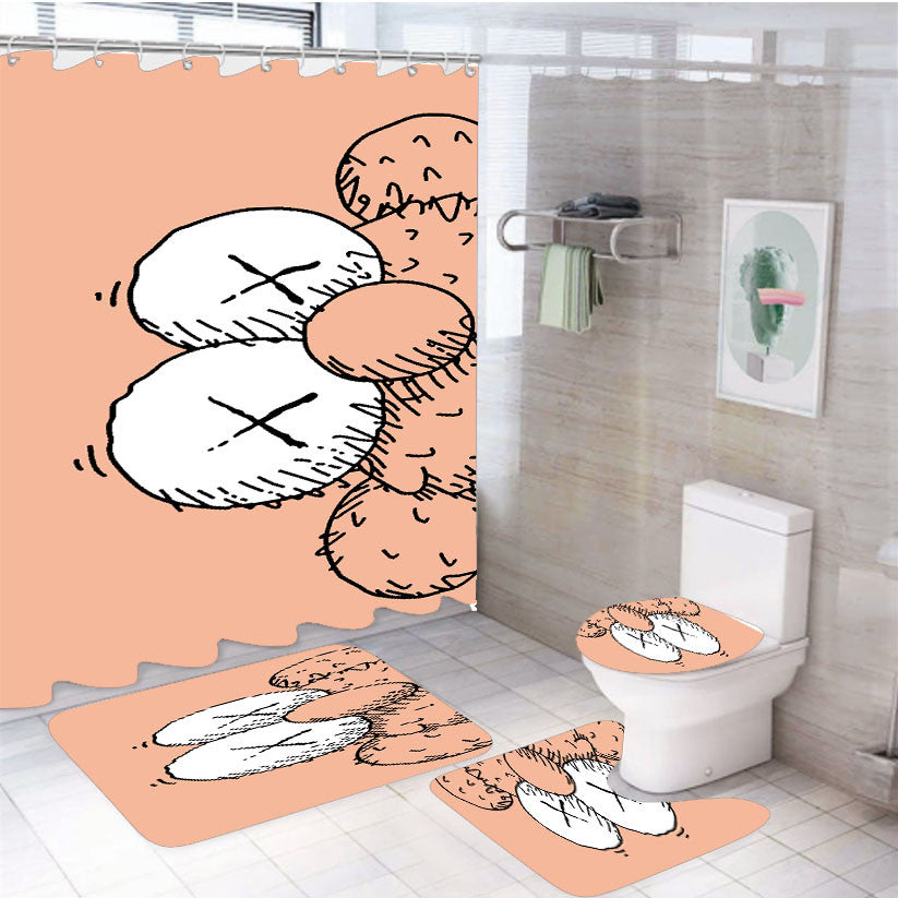 Pink Sesame Street Kaws 4Pcs Bathroom Non-Slip Rugs Shower Curtain Fabric Waterproof