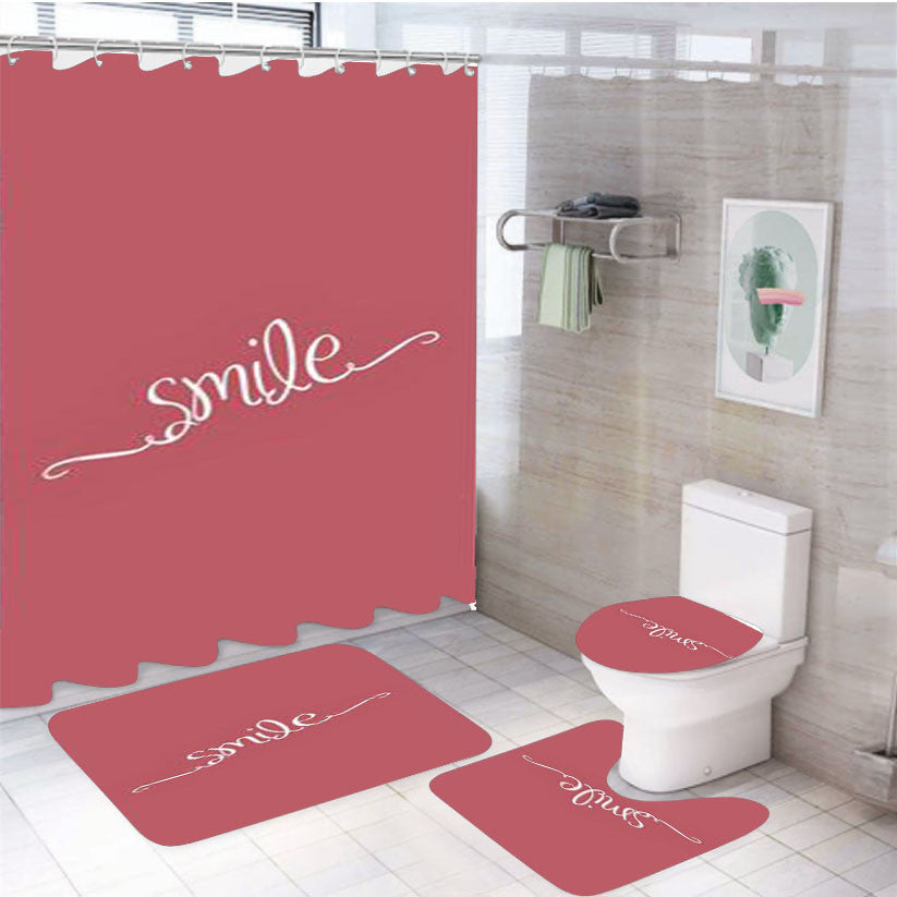 Pink Smile 4Pcs Bathroom Non-Slip Rugs Shower Curtain Fabric Waterproof