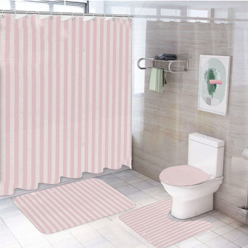 Pink Striped Pattern 4Pcs Bathroom Non-Slip Rugs Shower Curtain Fabric Waterproof