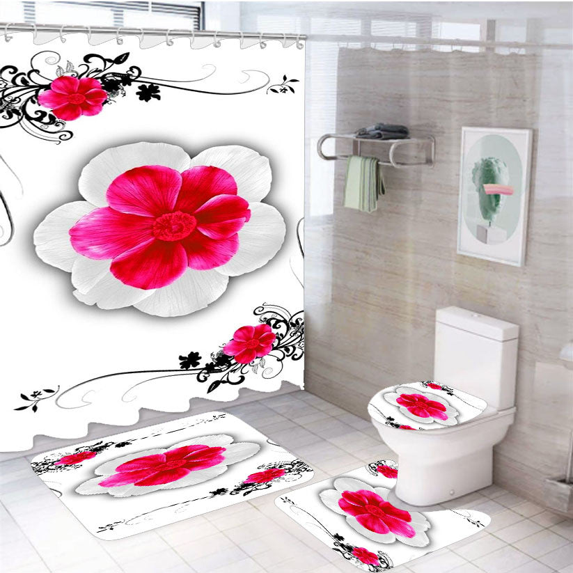 Pink White Flower 4Pcs Bathroom Non-Slip Rugs Shower Curtain Fabric Waterproof