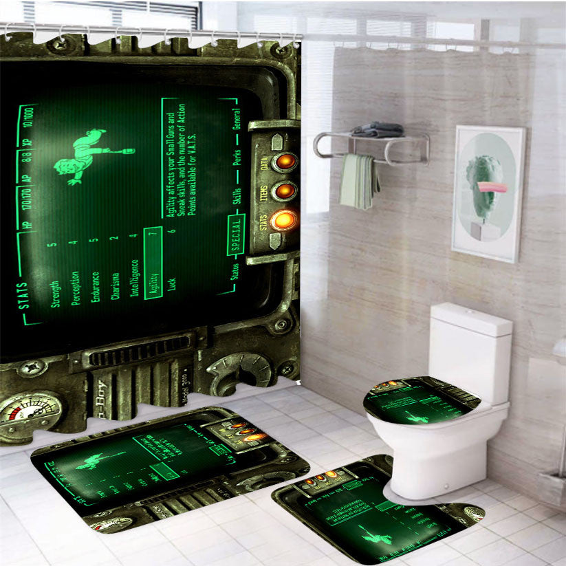 Pipboy 000 Fallout Game 4Pcs Bathroom Non-Slip Rugs Shower Curtain Fabric Waterproof