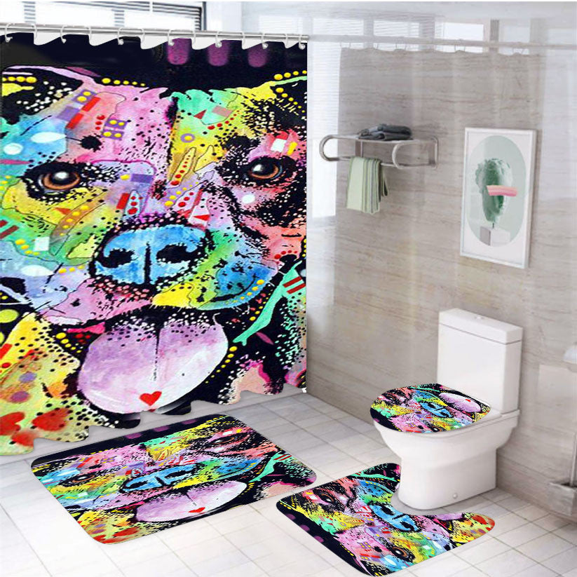 Pitbull Painting 4Pcs Bathroom Non-Slip Rugs Shower Curtain Fabric Waterproof