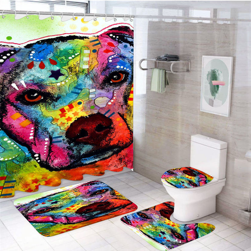 Pitbull Painting 2 4Pcs Bathroom Non-Slip Rugs Shower Curtain Fabric Waterproof
