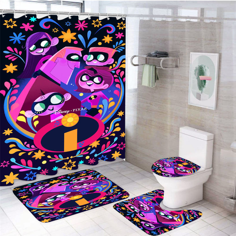 Pixar Incredible Coco Art 4Pcs Bathroom Non-Slip Rugs Shower Curtain Fabric Waterproof