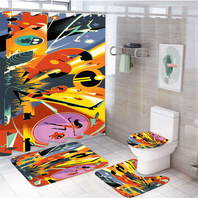 Pixar Incredibles 2 4Pcs Bathroom Non-Slip Rugs Shower Curtain Fabric Waterproof