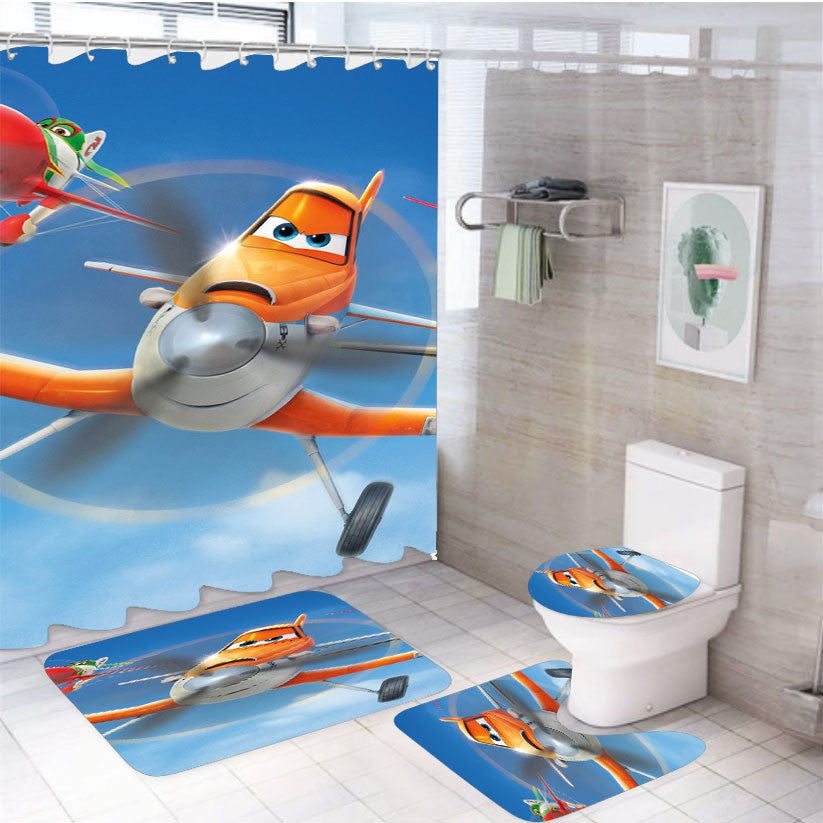 Planes 01 Disn 4Pcs Bathroom Non-Slip Rugs Shower Curtain Fabric Waterproof