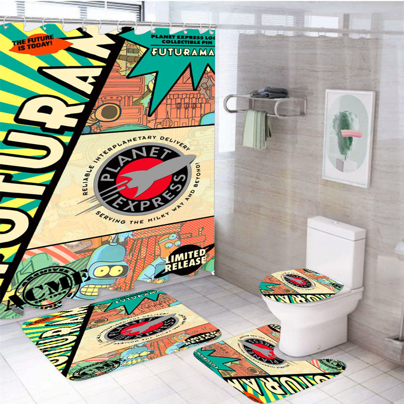 Planet Express Futurama 4Pcs Bathroom Non-Slip Rugs Shower Curtain Fabric Waterproof