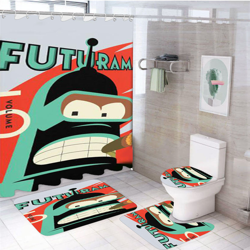 Planet Futurama 4Pcs Bathroom Non-Slip Rugs Shower Curtain Fabric Waterproof