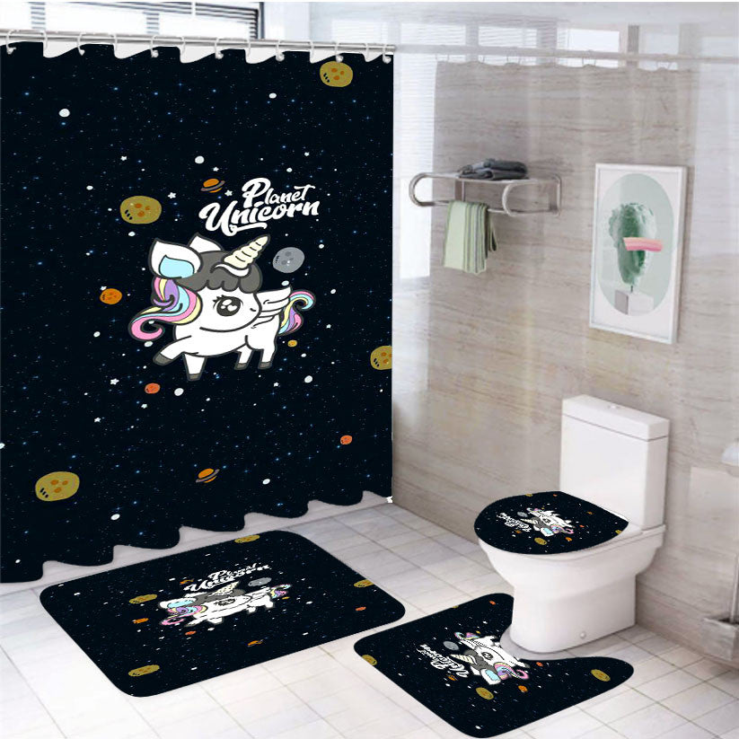 Planet Unicorn 4Pcs Bathroom Non-Slip Rugs Shower Curtain Fabric Waterproof