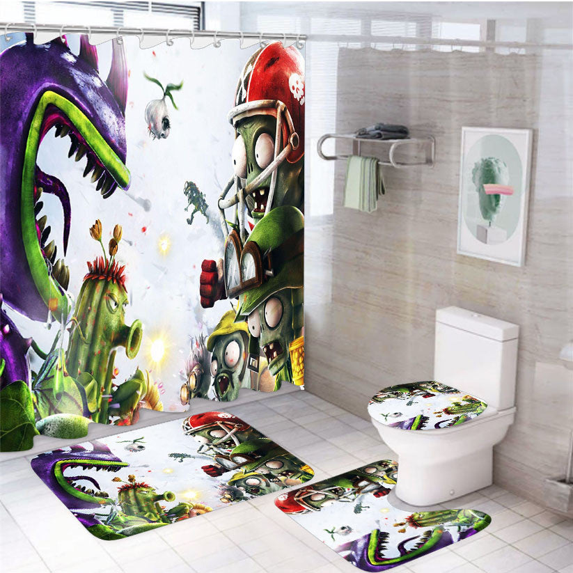 Plants Vs Zombies War Game Art 4Pcs Bathroom Non-Slip Rugs Shower Curtain Fabric Waterproof