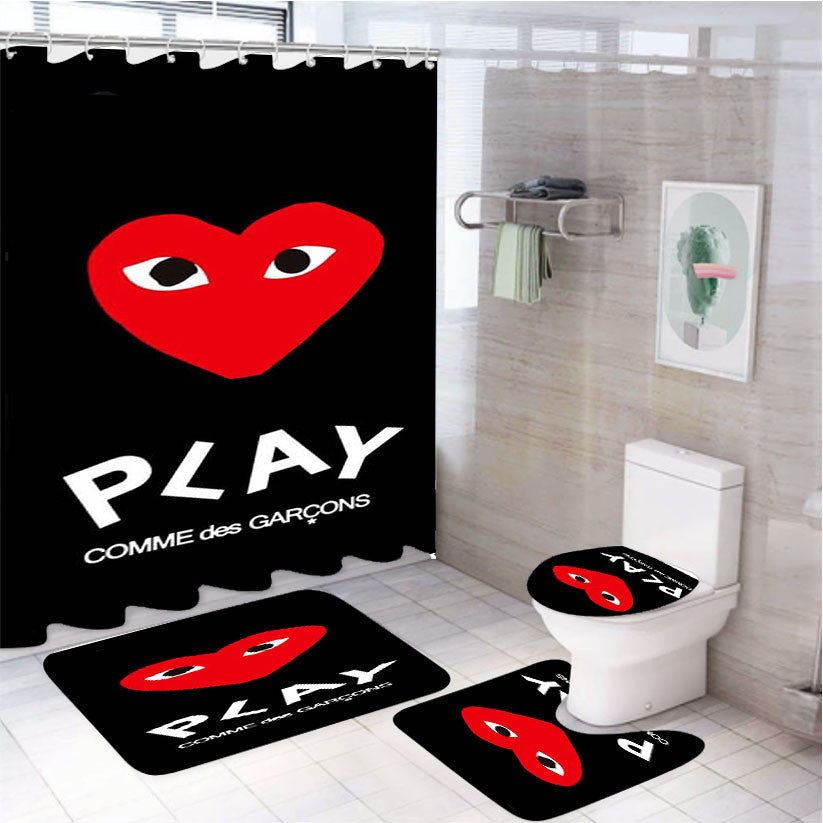 Play Comme Des Garcons Logo 4Pcs Bathroom Non-Slip Rugs Shower Curtain Fabric Waterproof