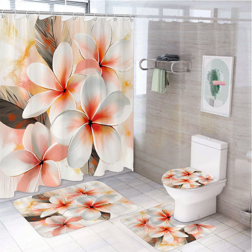 Plumeria Floral 4Pcs Bathroom Non-Slip Rugs Shower Curtain Fabric Waterproof
