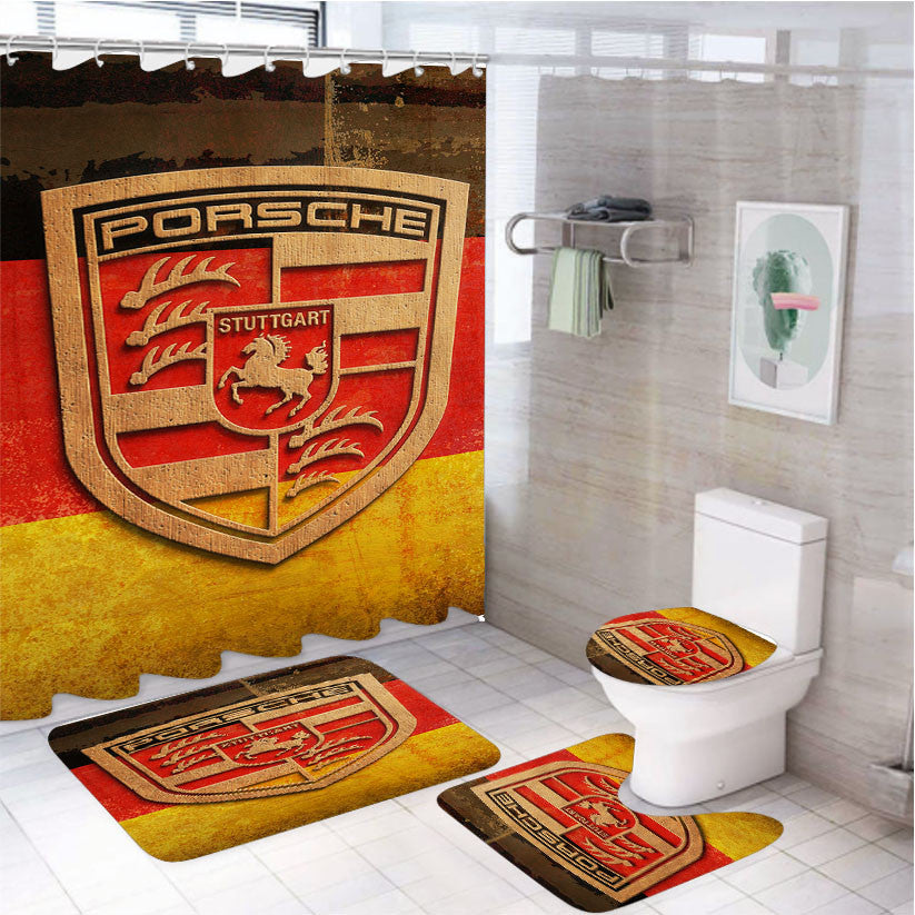 Plywood Porsche Logo 4Pcs Bathroom Non-Slip Rugs Shower Curtain Fabric Waterproof