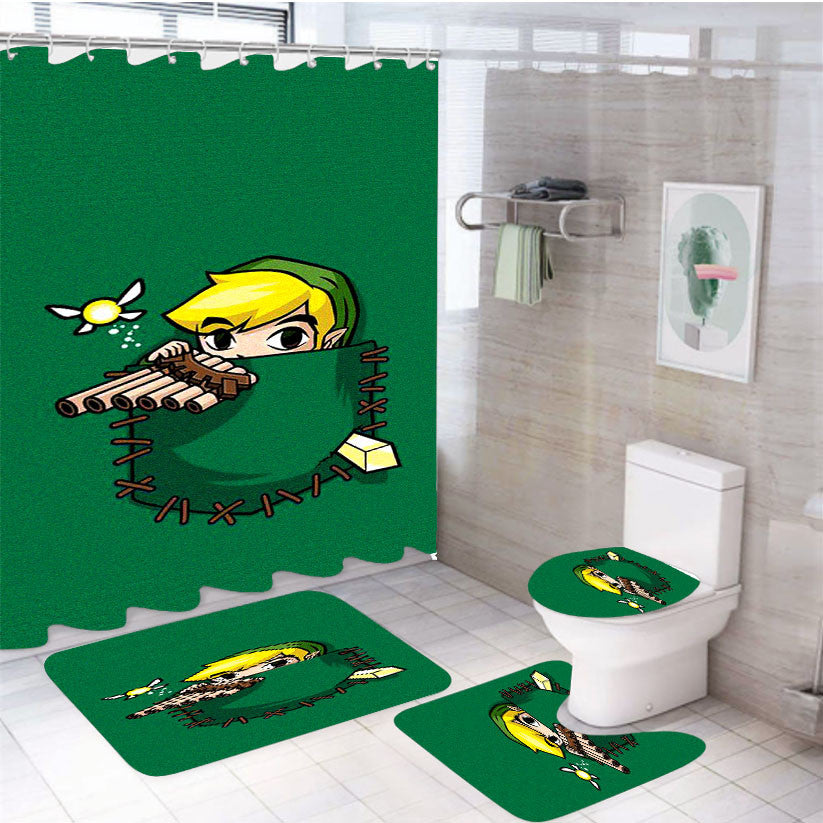 Pocket The Lagend Of Zelda Green Illustration 4Pcs Bathroom Non-Slip Rugs Shower Curtain Fabric Waterproof