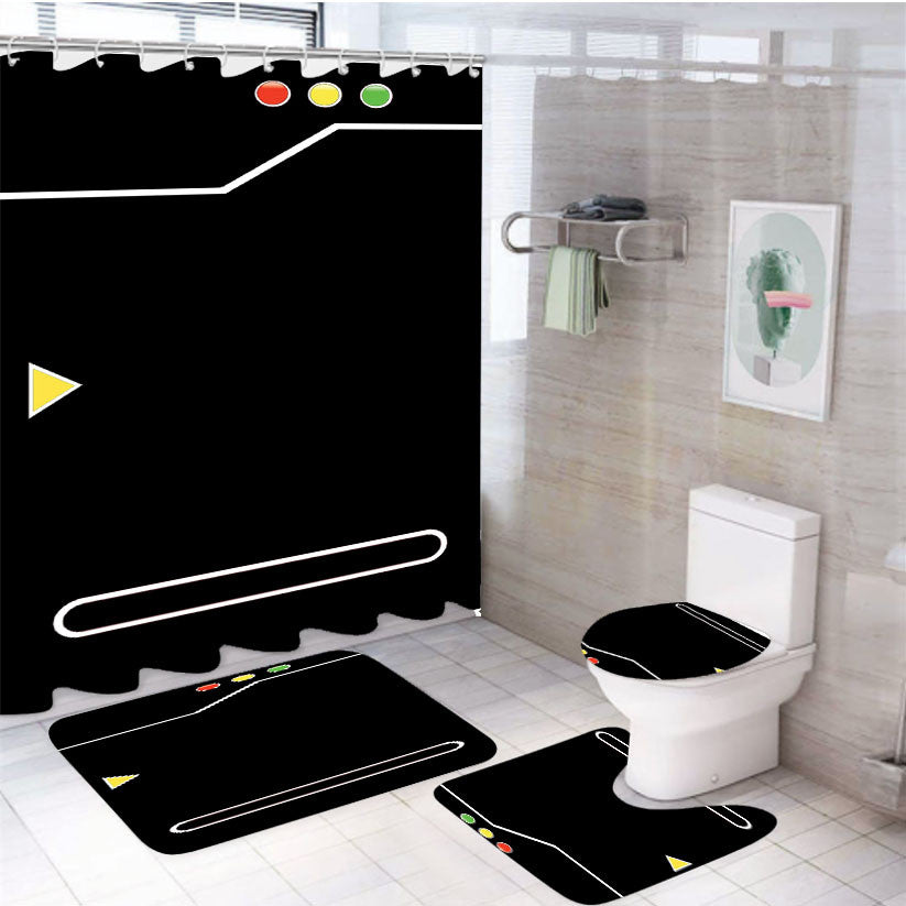 Pokedex Black 4Pcs Bathroom Non-Slip Rugs Shower Curtain Fabric Waterproof