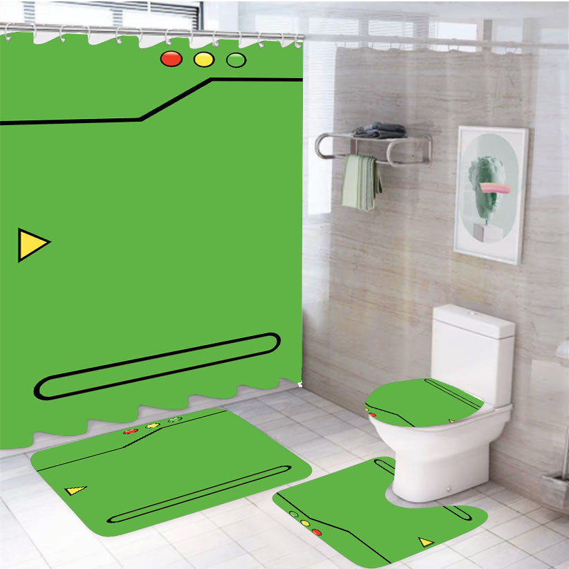 Pokedex Green 4Pcs Bathroom Non-Slip Rugs Shower Curtain Fabric Waterproof