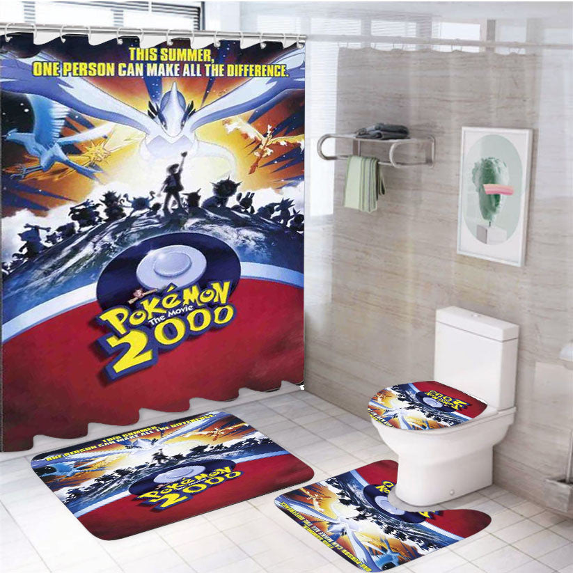 Pokemon 2000 4Pcs Bathroom Non-Slip Rugs Shower Curtain Fabric Waterproof
