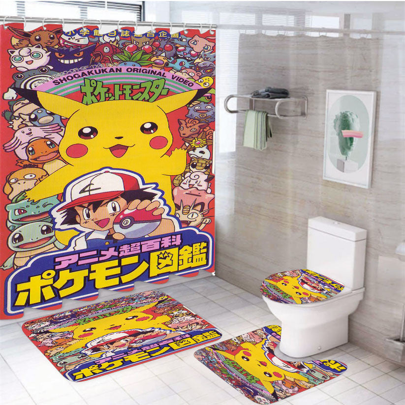 Pokemon A 4Pcs Bathroom Non-Slip Rugs Shower Curtain Fabric Waterproof