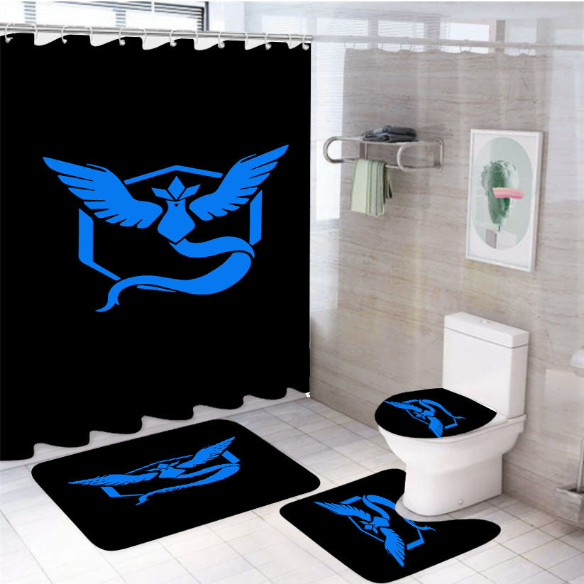 Pokemon Blue 4Pcs Bathroom Non-Slip Rugs Shower Curtain Fabric Waterproof