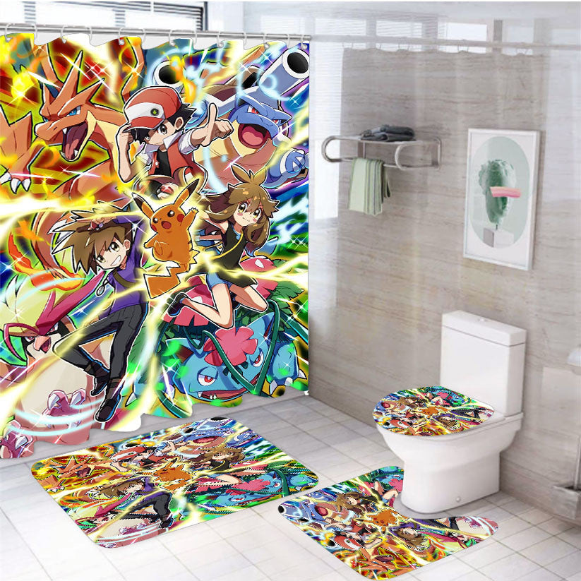 Pokemon Charizard And Ash Red 4Pcs Bathroom Non-Slip Rugs Shower Curtain Fabric Waterproof