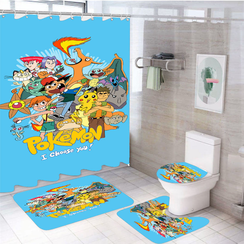 Pokemon Choos 4Pcs Bathroom Non-Slip Rugs Shower Curtain Fabric Waterproof