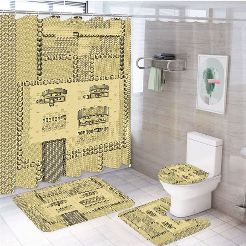 Pokemon Classic 4Pcs Bathroom Non-Slip Rugs Shower Curtain Fabric Waterproof