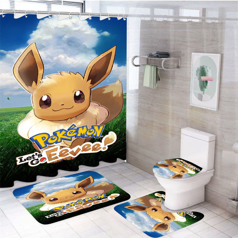 Pokemon Eevee 4Pcs Bathroom Non-Slip Rugs Shower Curtain Fabric Waterproof