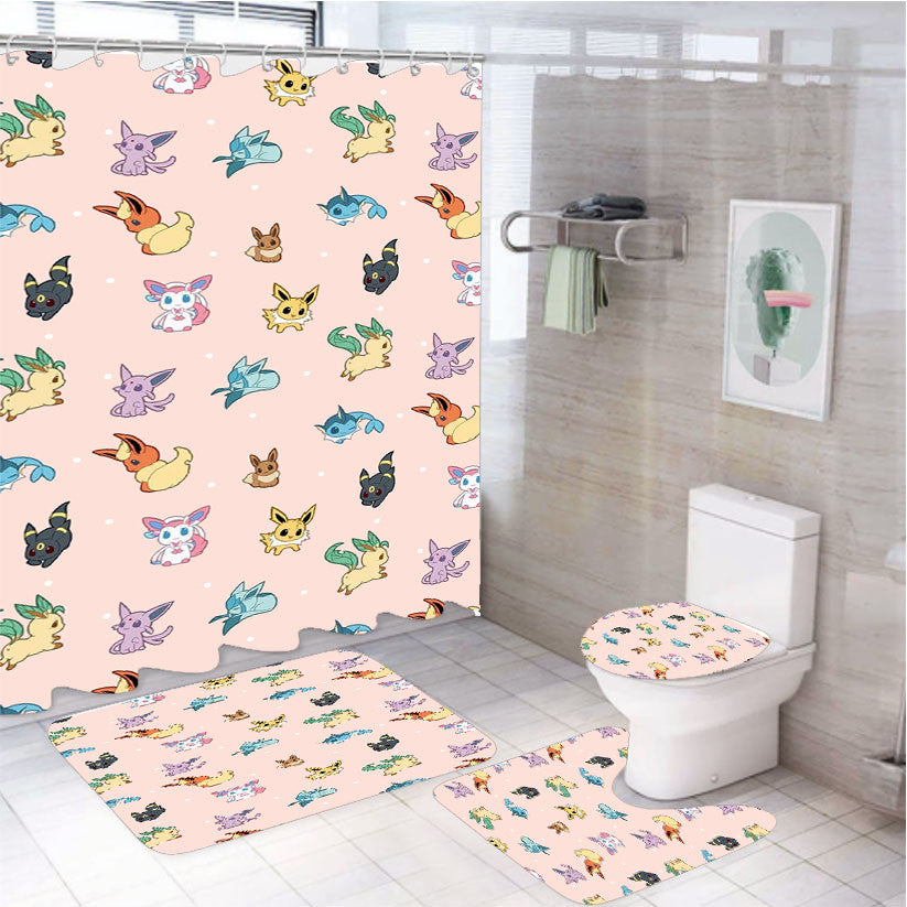 Pokemon Eevee Evolution Pattern 4Pcs Bathroom Non-Slip Rugs Shower Curtain Fabric Waterproof