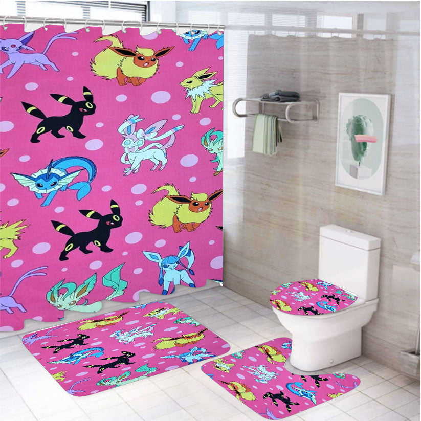 Pokemon Eeveelutions Pattern 4Pcs Bathroom Non-Slip Rugs Shower Curtain Fabric Waterproof