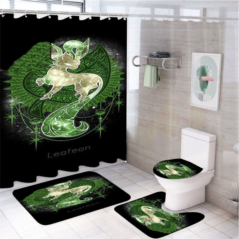 Pokemon Evee Evolution Leafeon 4Pcs Bathroom Non-Slip Rugs Shower Curtain Fabric Waterproof