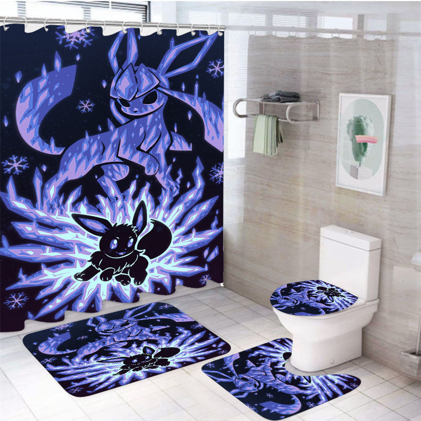 Pokemon Evolution Eevee To Glaceon 4Pcs Bathroom Non-Slip Rugs Shower Curtain Fabric Waterproof