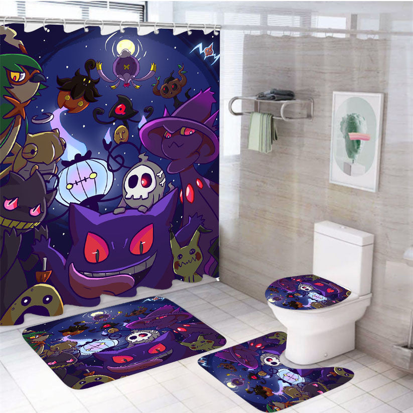 Pokemon Gengar And Friends 4Pcs Bathroom Non-Slip Rugs Shower Curtain Fabric Waterproof