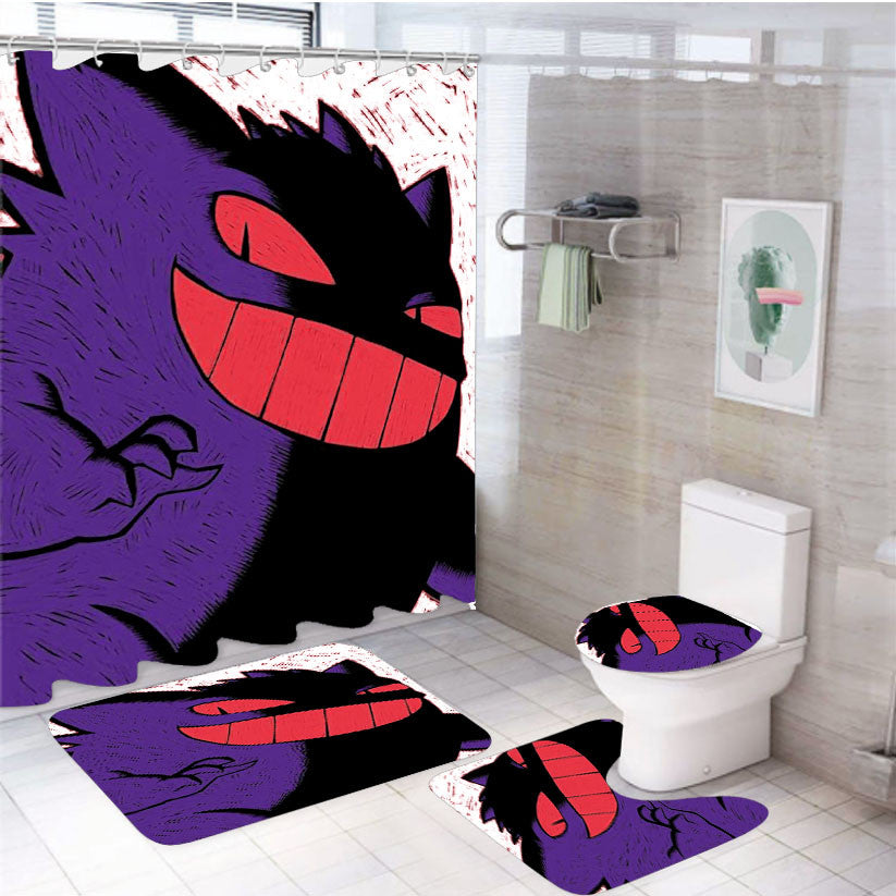 Pokemon Gengar Smirk 4Pcs Bathroom Non-Slip Rugs Shower Curtain Fabric Waterproof