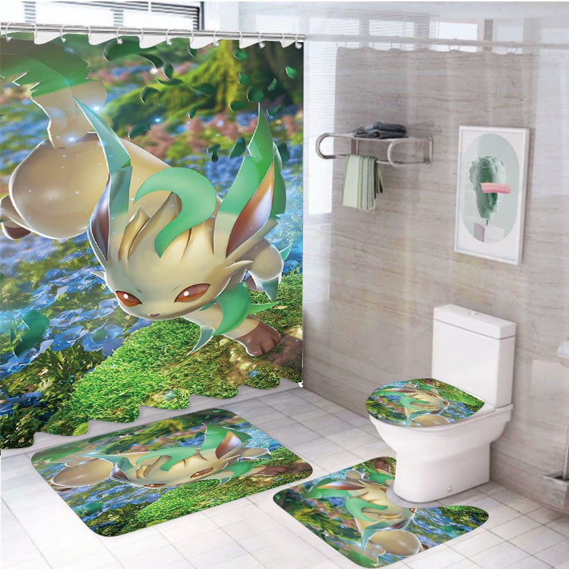 Pokemon Leafeon Awesome Wallpaper 4Pcs Bathroom Non-Slip Rugs Shower Curtain Fabric Waterproof