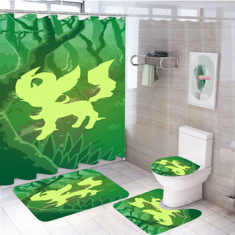 Pokemon Leafeon Green Silhouette 4Pcs Bathroom Non-Slip Rugs Shower Curtain Fabric Waterproof