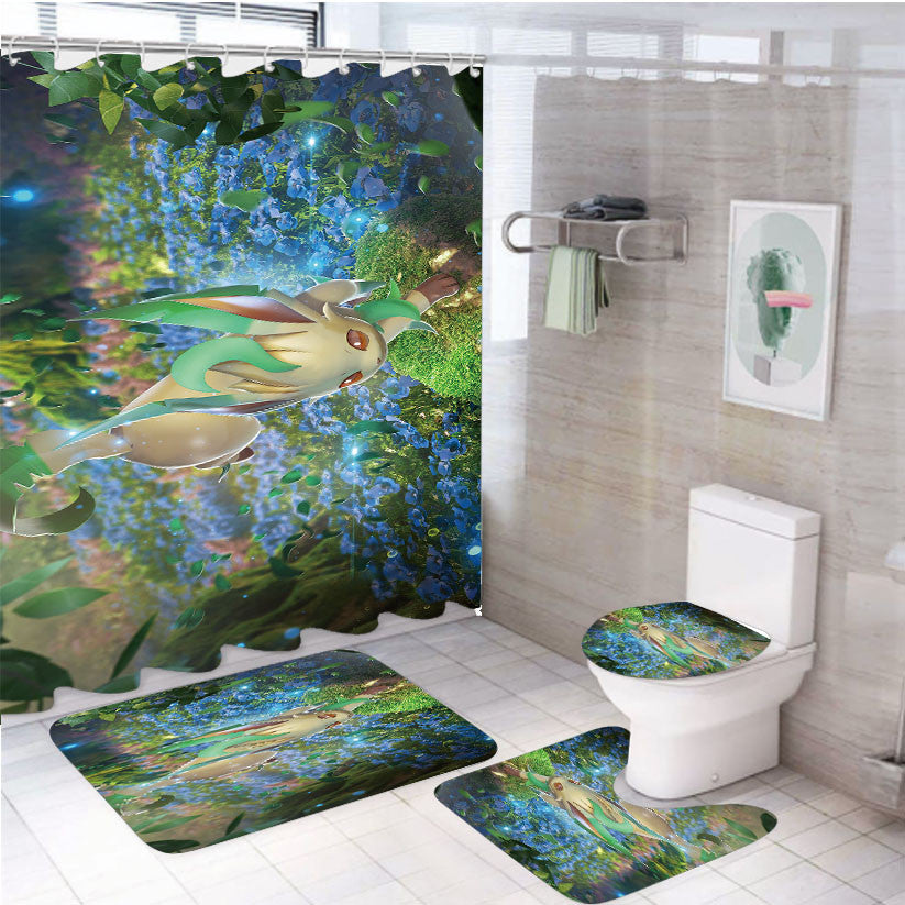 Pokemon Leafeon Wonderful Forest Wallpapers 4Pcs Bathroom Non-Slip Rugs Shower Curtain Fabric Waterproof